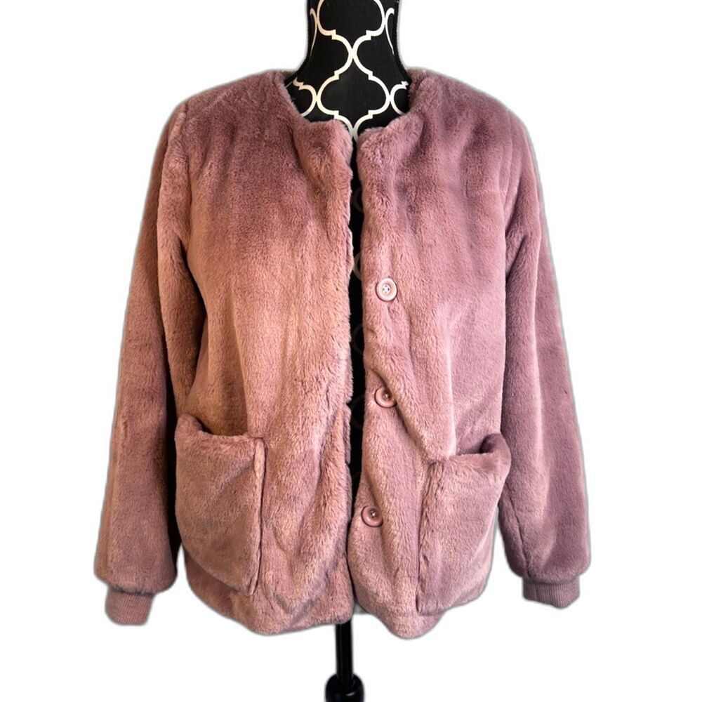 Skies Are Blue Pink Faux Fur Button Front Lined Dressy Cocktail Jacket Size XS